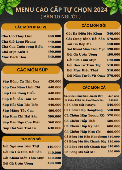 MENU TIỆC CƯỚI CAO CẤP 2024