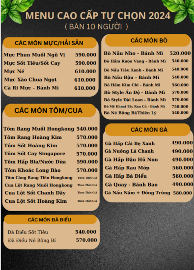 MENU TIỆC CƯỚI CAO CẤP 2024